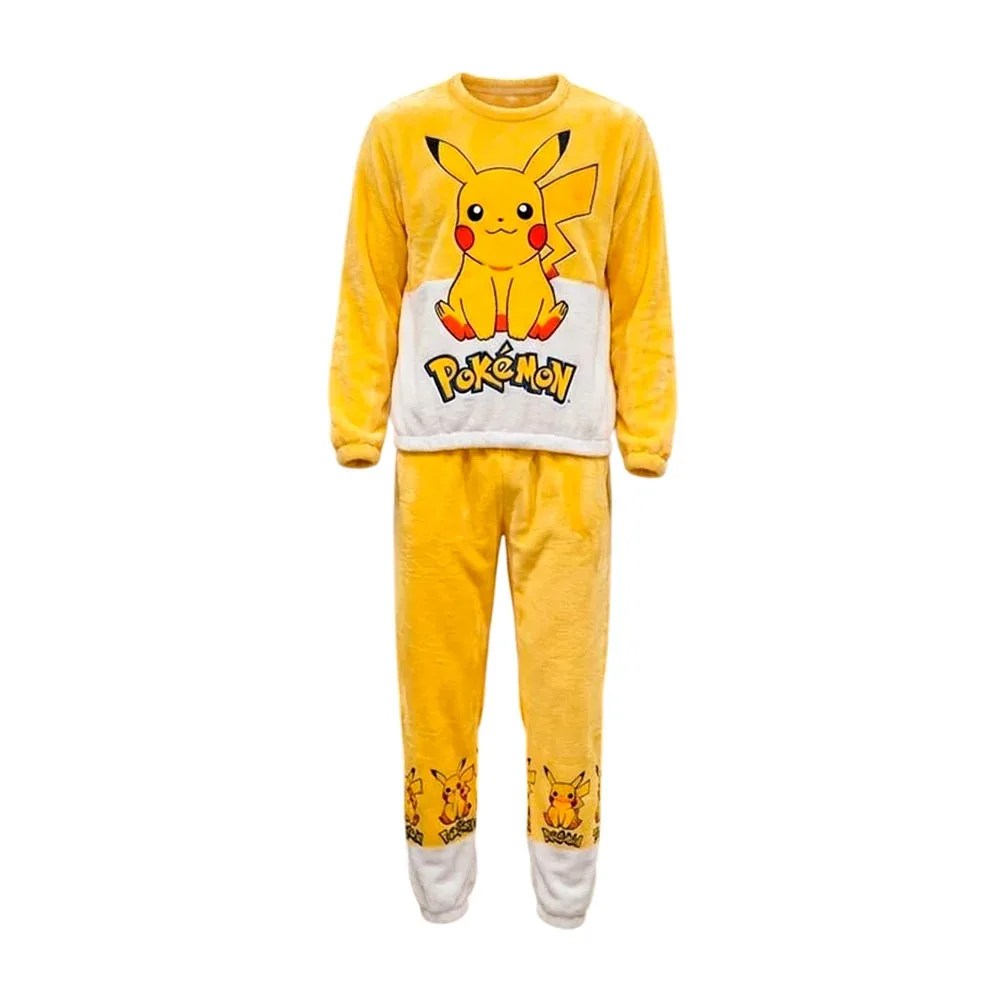 Conjunto pijama para adulto afelpada unitalla de 2 piezas, pans y camisa de manga larga con diseño de pokemon-pikachu / lu5093
