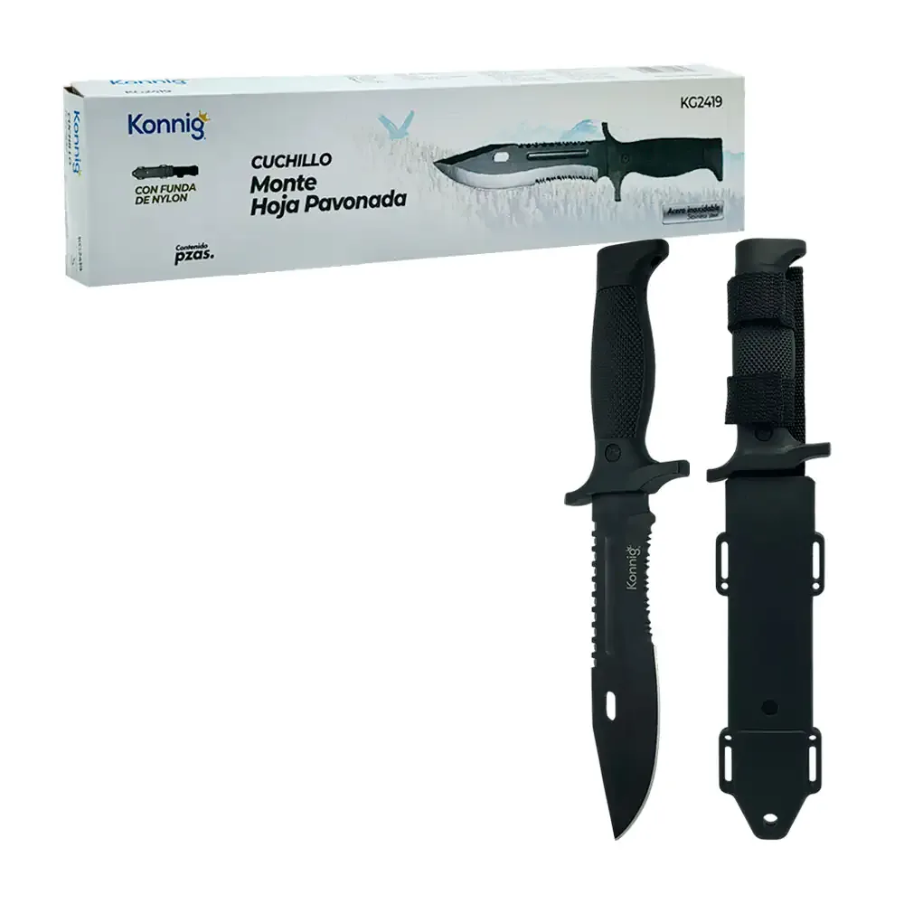 Cuchillo táctico monte hoja pavonada de acero inoxidable + funda de nylon, 30.5cm