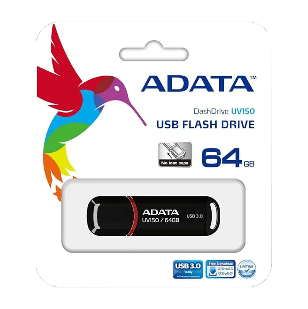 Memoria flash adata uv150 de 64gb con usb 3.2 en color negro / auv150-64g-rbk