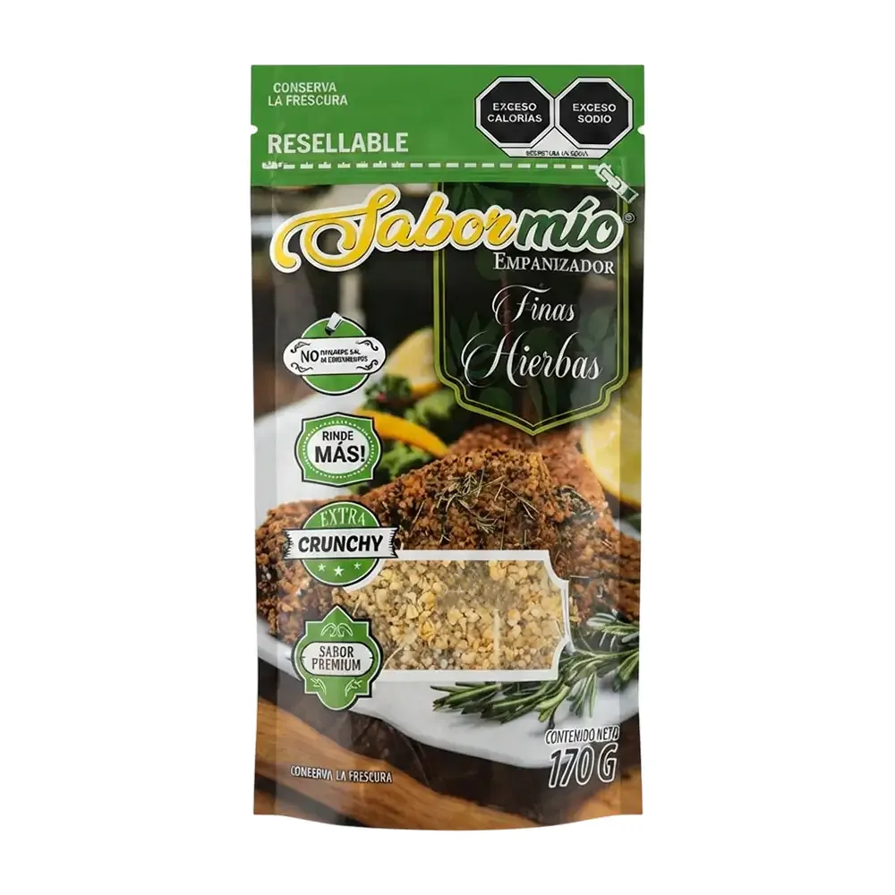 Empanizador sabor mio sabor finas hierbas, pan y hojuelas de maíz granulado y condimentado, 170g