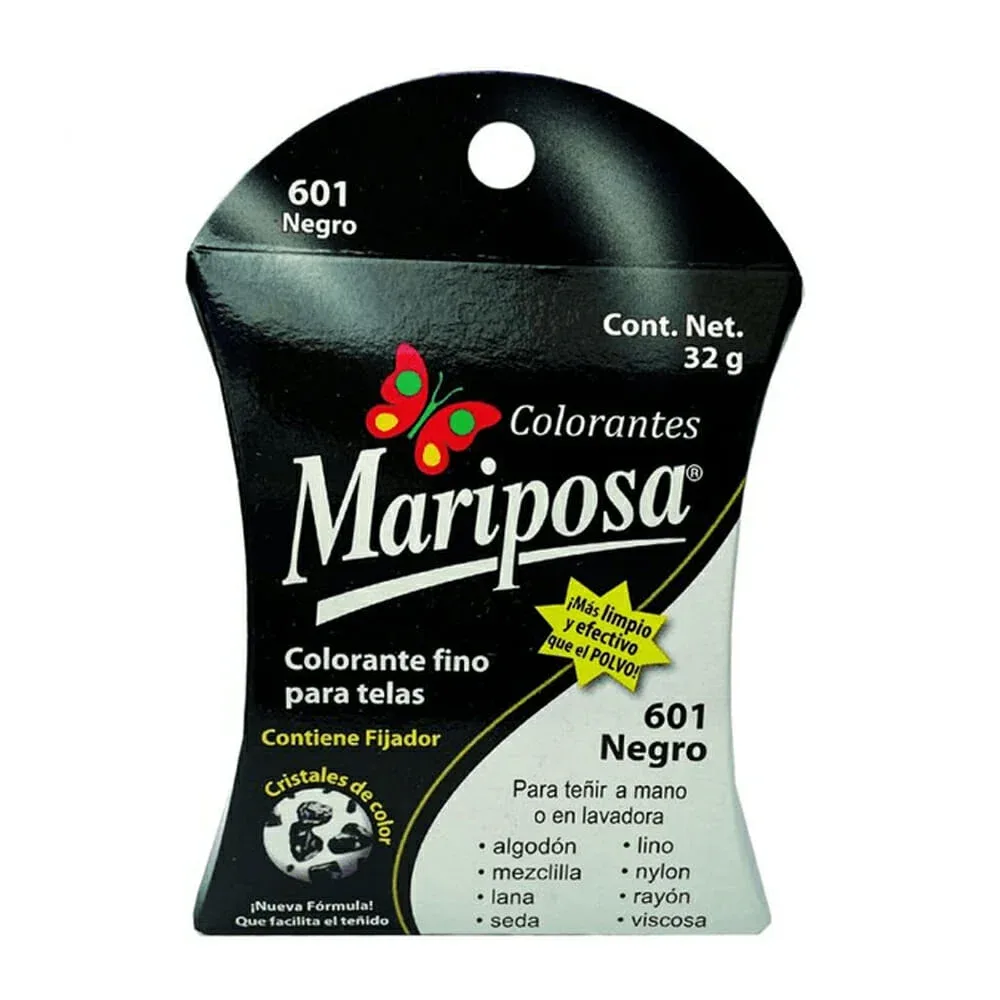 Colorante fijador mariposa tono 601 negro para teñir telas, 32g
