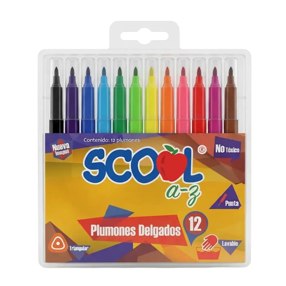 Paquete scool a-z con 12 marcadores - plumones delgados, variedad de colores