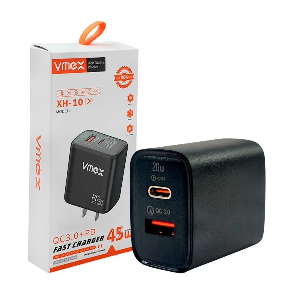 Cubo cargador vmex de 45w con doble puerto, usb y usb-c, fast charger