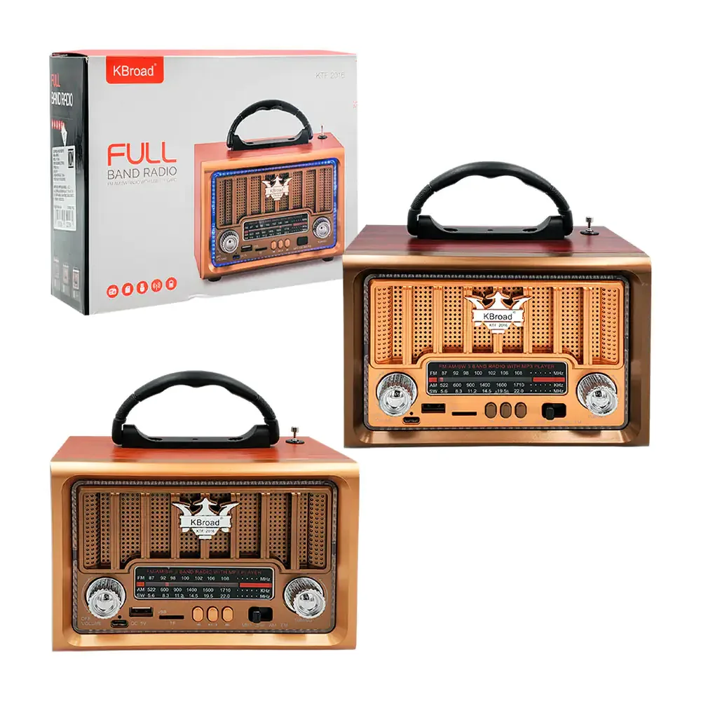 Bocina tipo radio am fm inalámbrica kbroad con luz rgb y diseño vintage