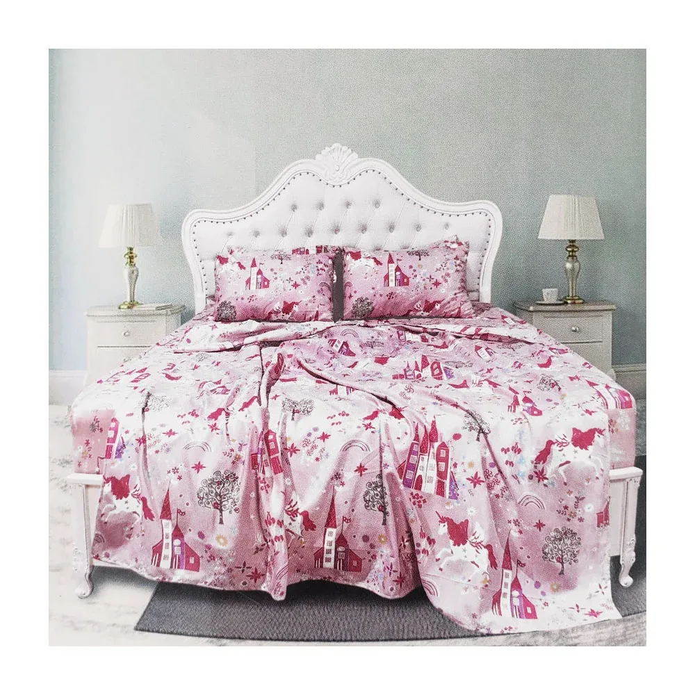 Juego 2 sábanas y 2 fundas para almohada con estampado de castillos, unicornios y flores / almo.22.200cm