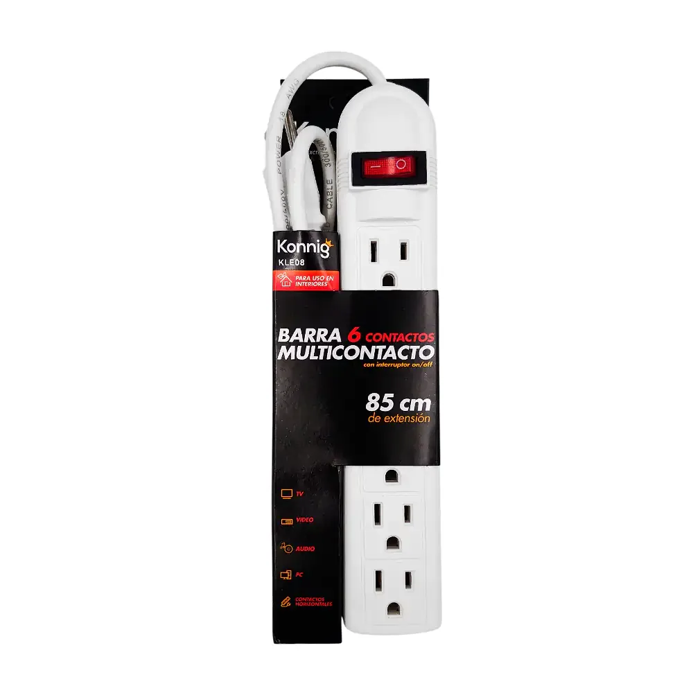 Barra multicontacto con 6 tomas de corriente, interruptor de apagado y 85cm de extensión