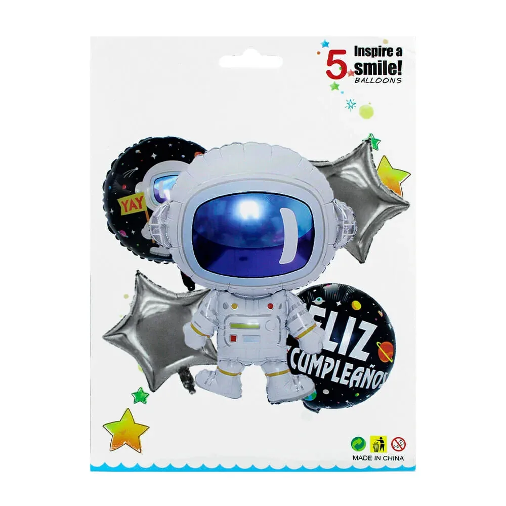 Set 5 globos happy birthday feliz cumpleaños con temática espacial de astronauta / inspire a smile / qq-1249