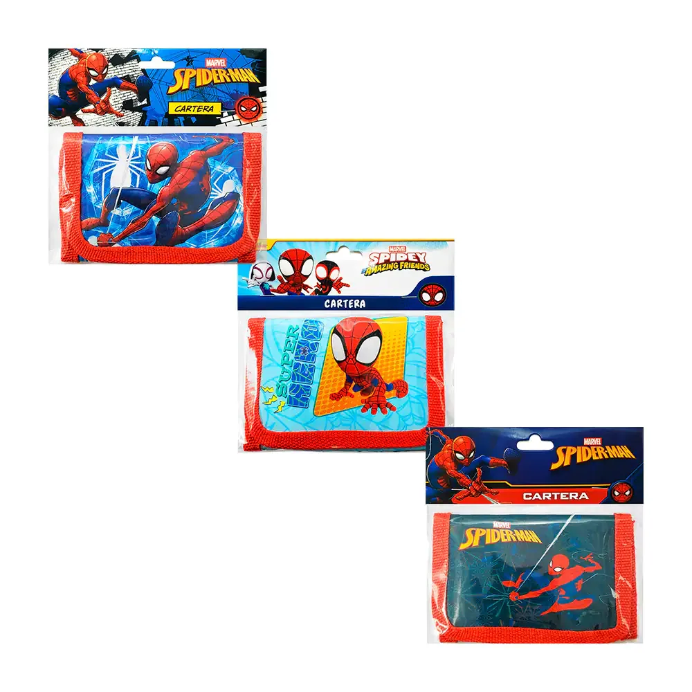 Cartera - billetera infantil, plastificada con estampado de spider man + velcro, variedad