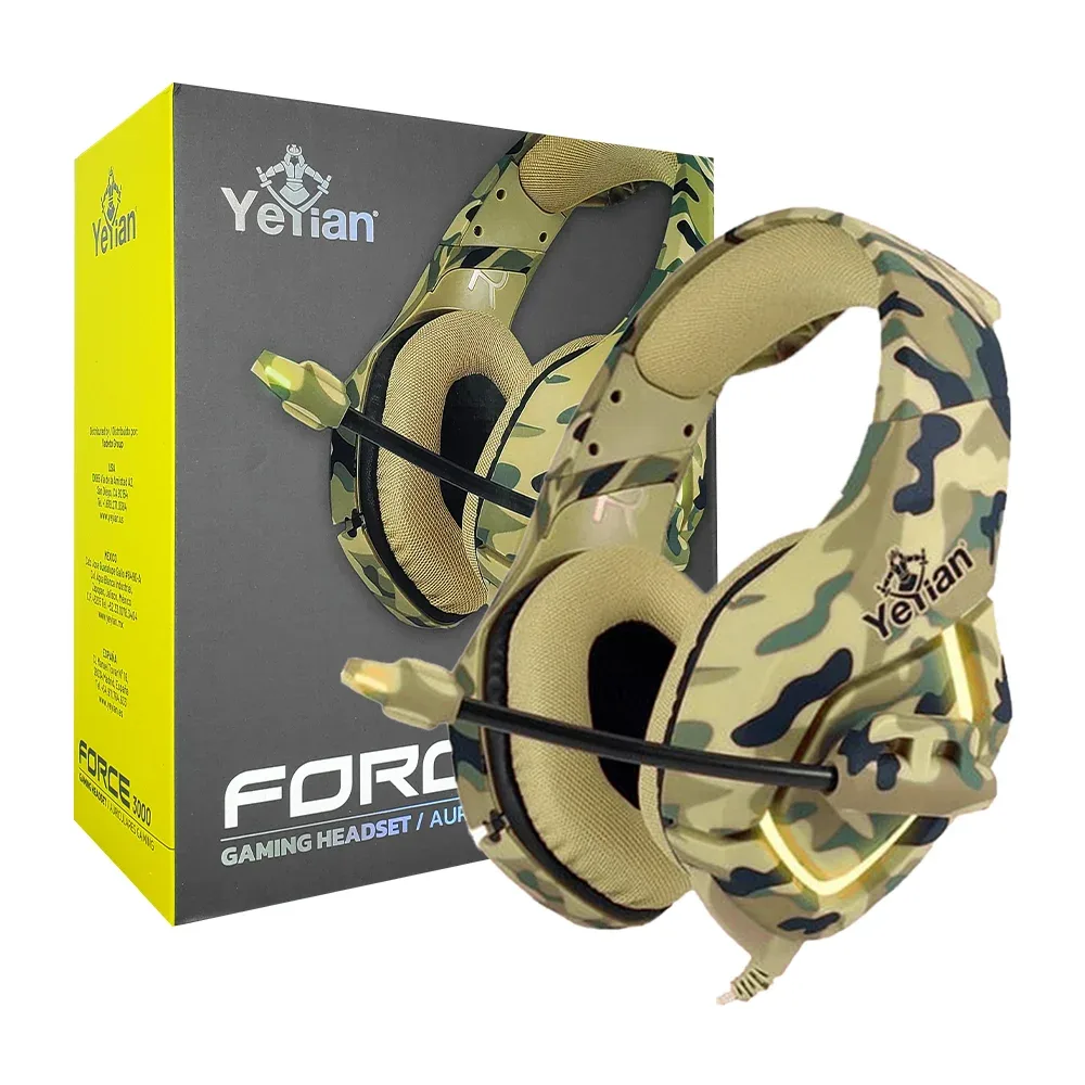 Audífonos diadema gamer yeyian con diseño de camuflaje, luces led y micrófono / force 3000