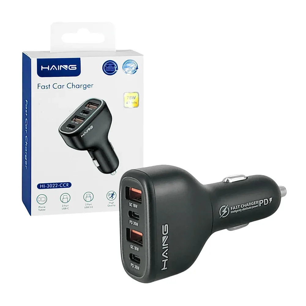 1pza Cargador para coche haing, con 4 puertos conectores, 2 tipo c, 2 usb e iluminación rgb / haing / fast car charger