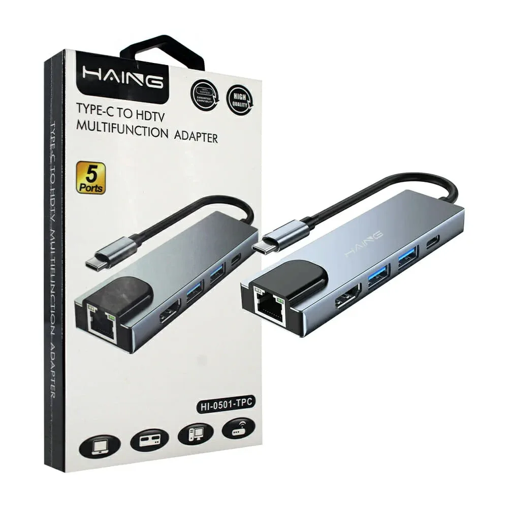 Adaptador multifuncional haing tipo c a hdtv con 2 puertos usb, 1 porta ethernet y 1 puerto hdmi / hi-0501-tpc