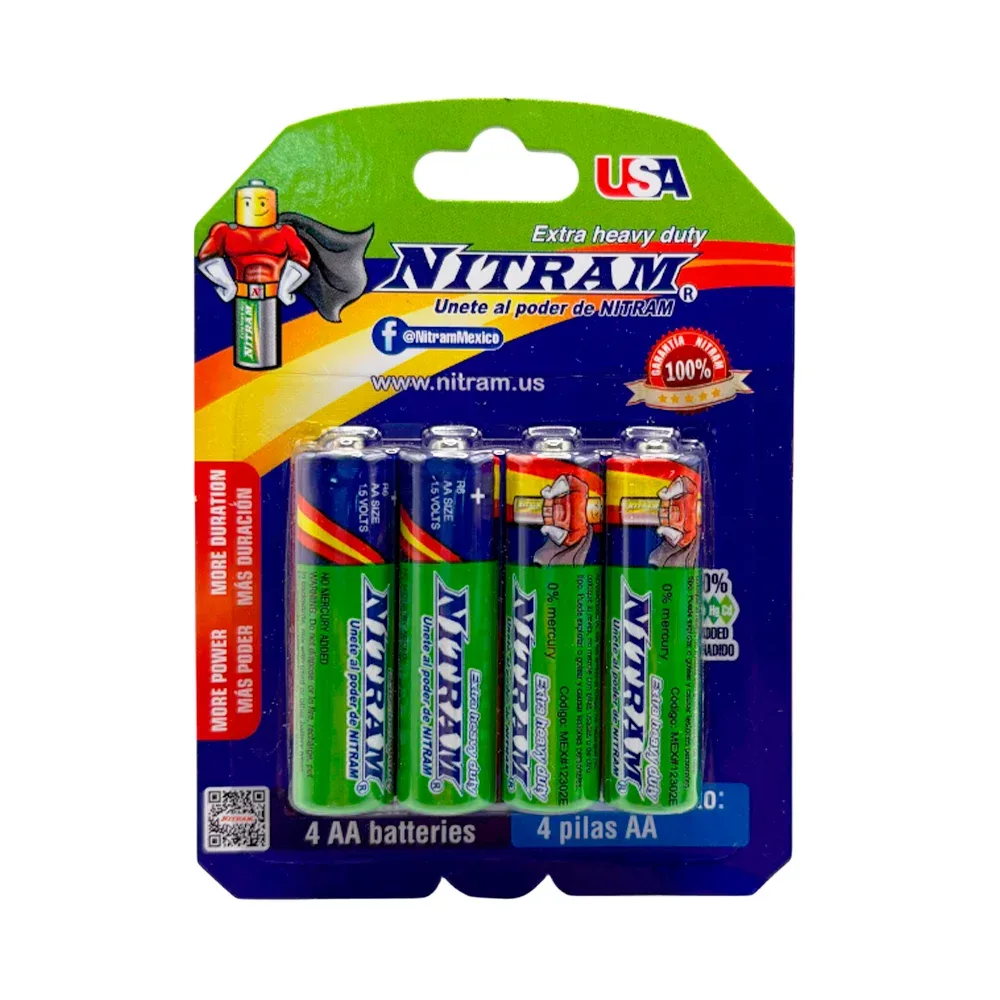 Blíster de 4 baterías cilíndricas bicolor aa nitram