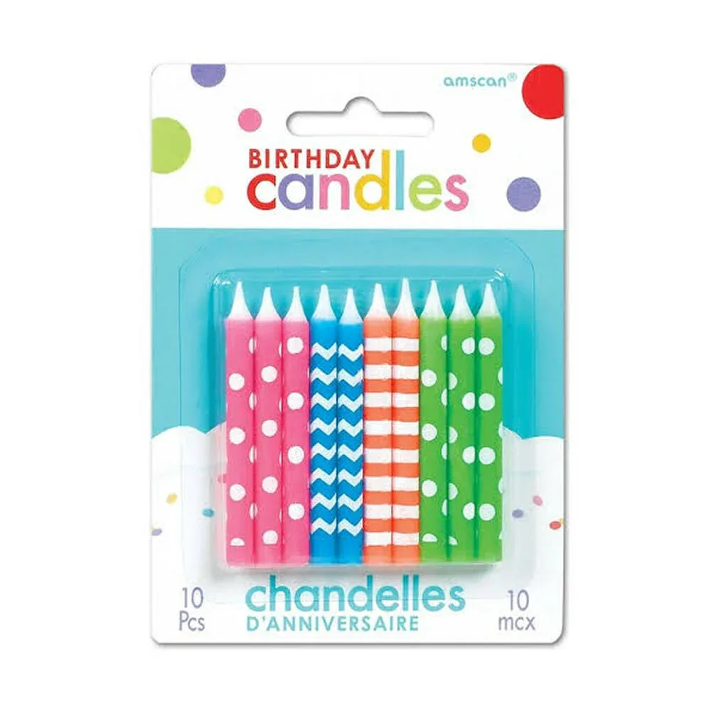 Blíster con 10 velas de cera amscan con diseño para pastel, variedad de diseños / 13273