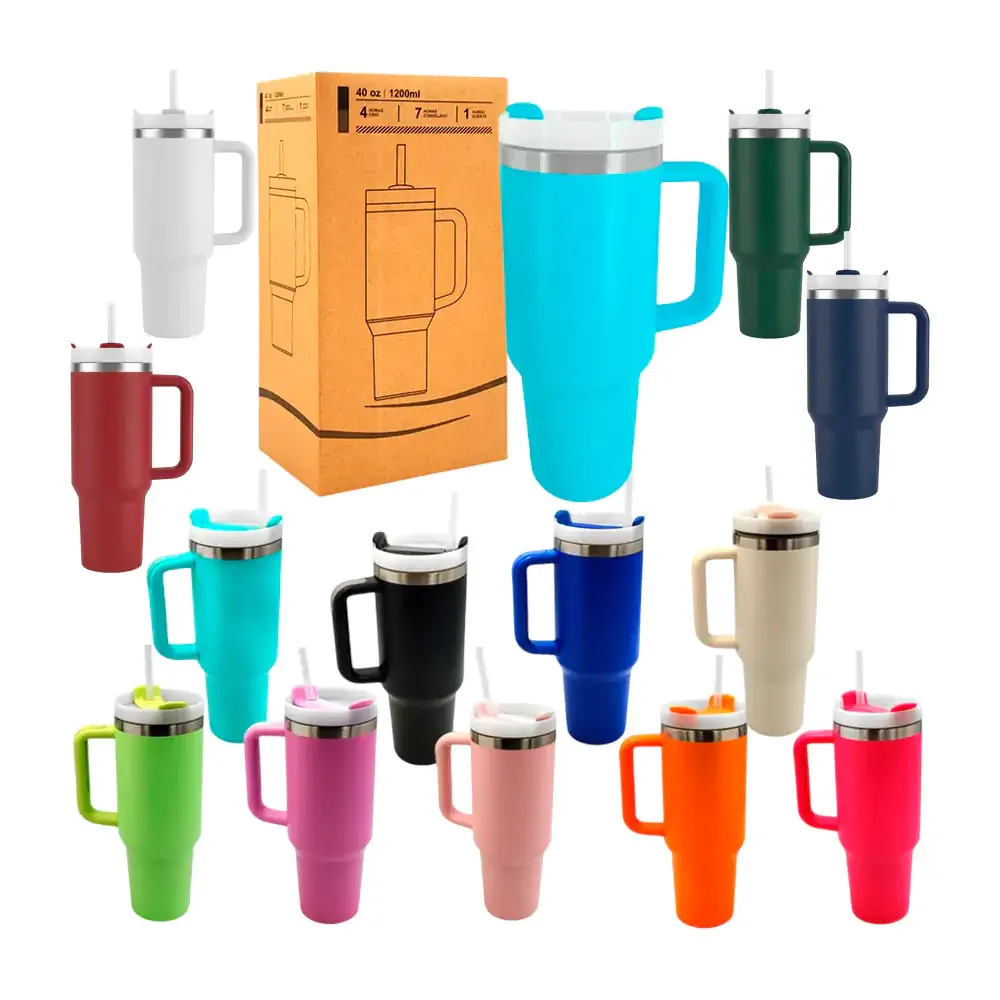 Vaso termo liso de 40oz con asa, popote y cierre hermético, variedad de colores