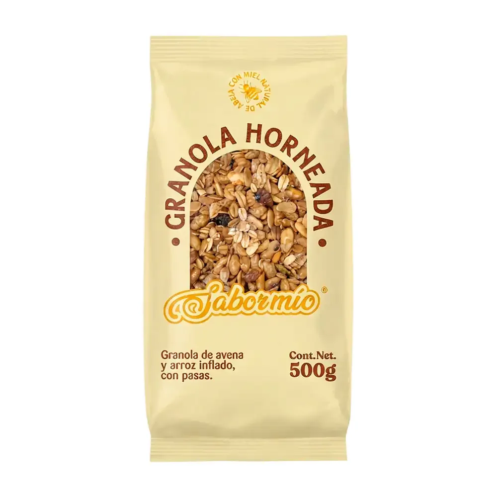 Bolsa de granola horneada sabor mio, granola de avena y arroz inflado con pasas, 500g / 493575
