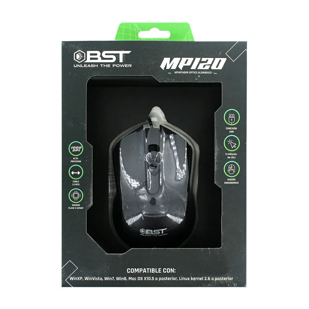 Mouse alámbrico bst con apuntador óptico, dpi ajustable hasta 1,000 y sensor clase e-sport / mp-120