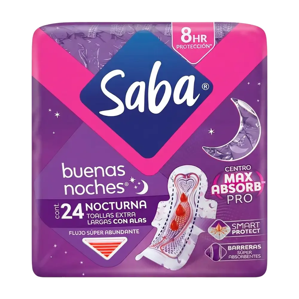 Paquete saba con 24 toallas femeninas con alas buenas noches para flujo super abundante