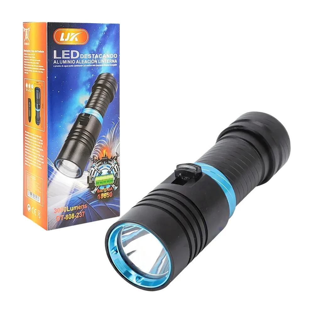 Linterna de mano recargable con 3 modos de luz + cargador de pila y correa
