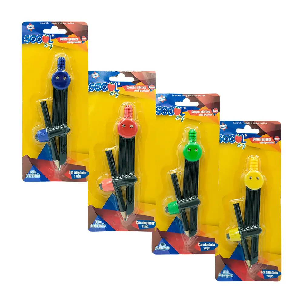 Blíster con compás scool de semi precisión con adaptador y lápiz, varios colores