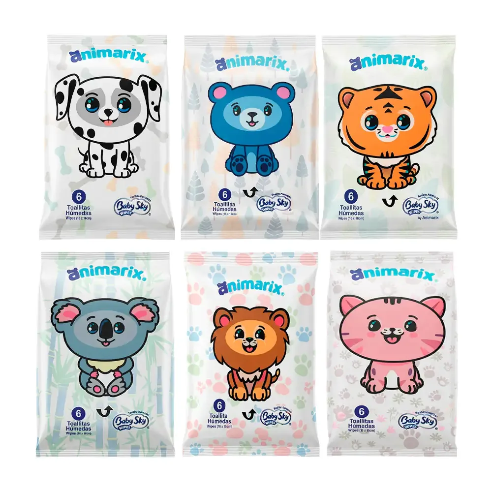 1pza mini paquete animarix baby sky con 6 toallitas húmedas, estampado de animalitos / 097830