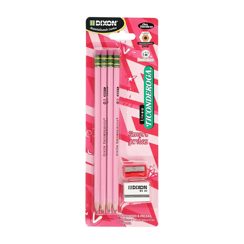 Blíster dixon con 4 lápices 2hb de madera rosa + sacapuntas y borrador