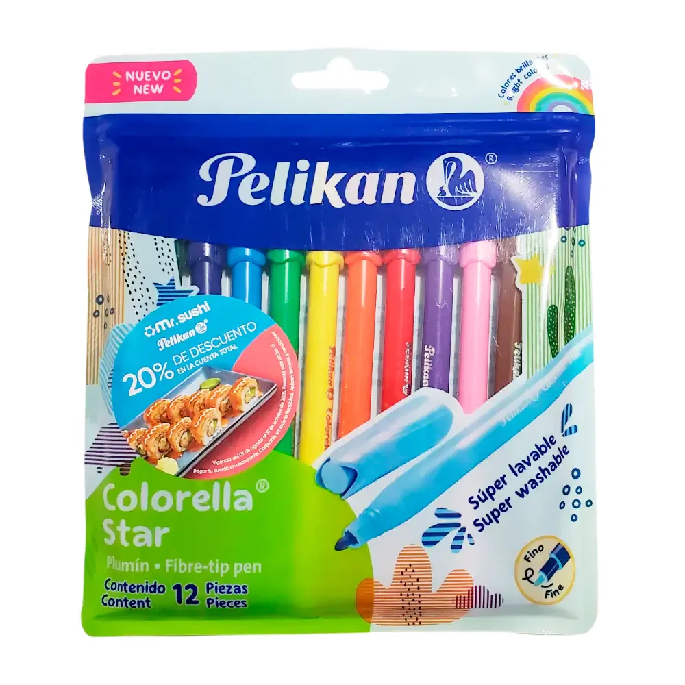 Paquete con 12 marcadores - plumones Pelikan de punta fina, variedad de colores