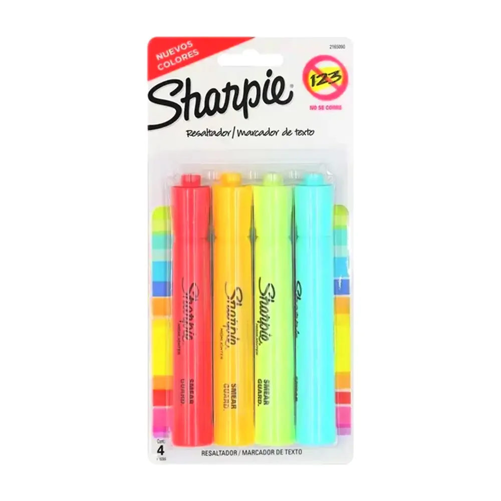 Blíster con 4 marcatextos - resaltadores sharpie tonos claros, variedad de colores