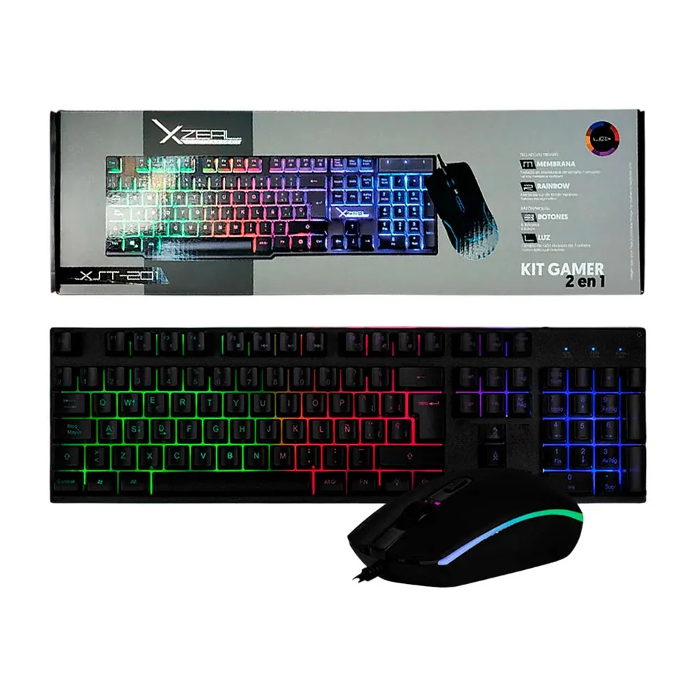 Kit teclado y mouse alámbrico gamer xzeal con 7 modos de luz rgb, membrana de tamaño completo y 6 botones programables en el mouse / xst-201