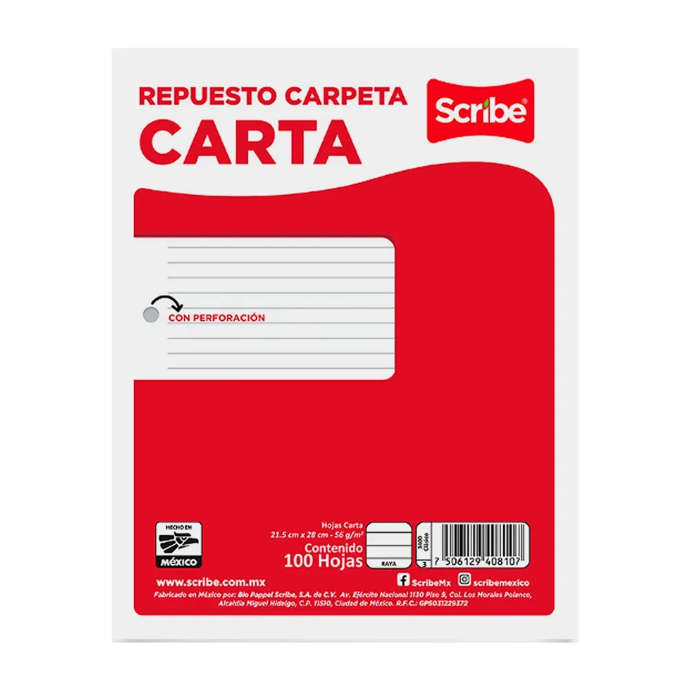 Paquete scribe de 100 con hojas de repuesto para carpeta, raya en tamaño carta 21.5x28cm / 2703