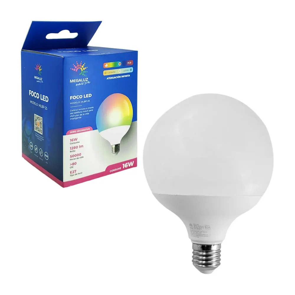Foco led bluetooth con iluminación rgb, consumo de 16w, 1280ml, e27