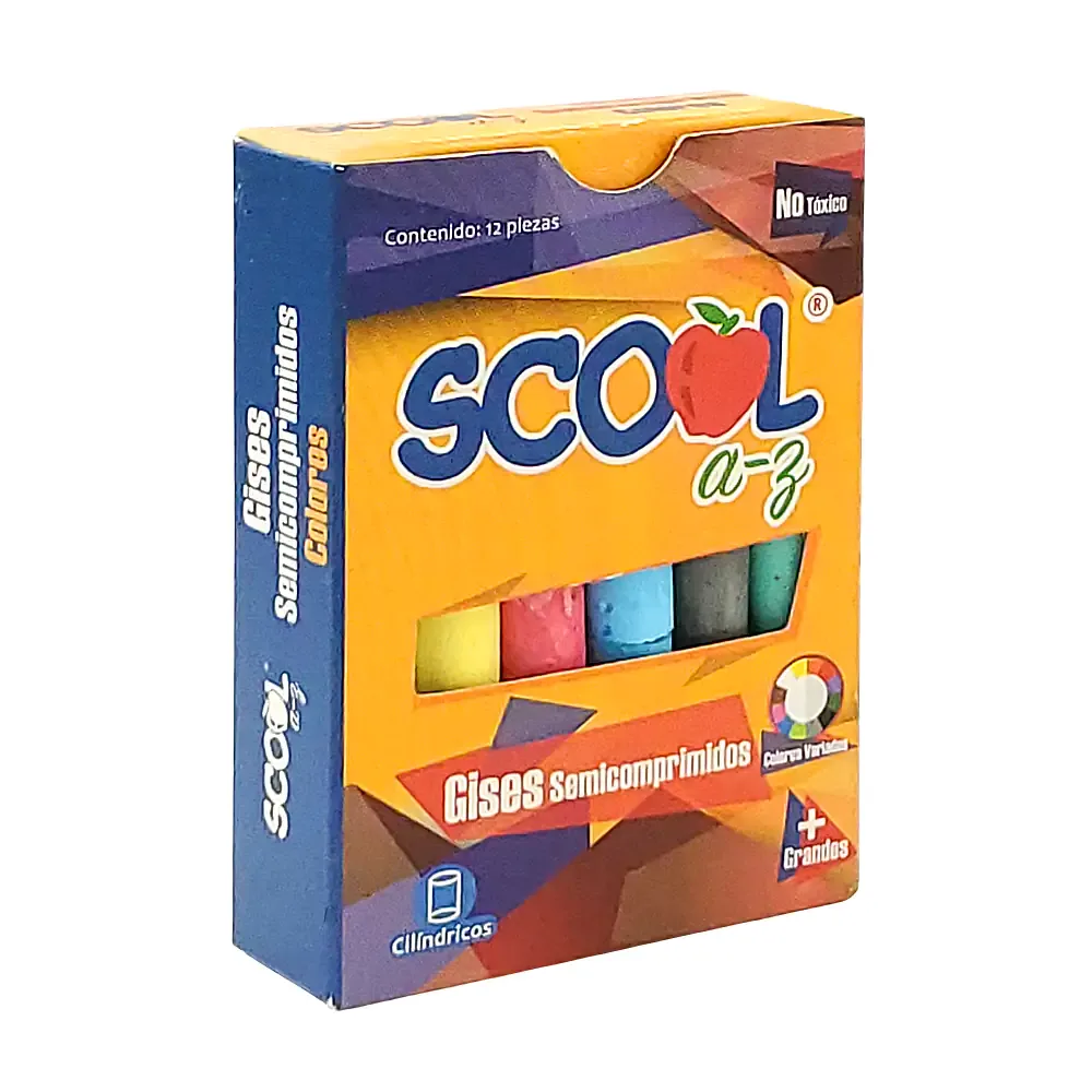Paquete con 12 gises scool cilíndricos de colores, 8cm de largo