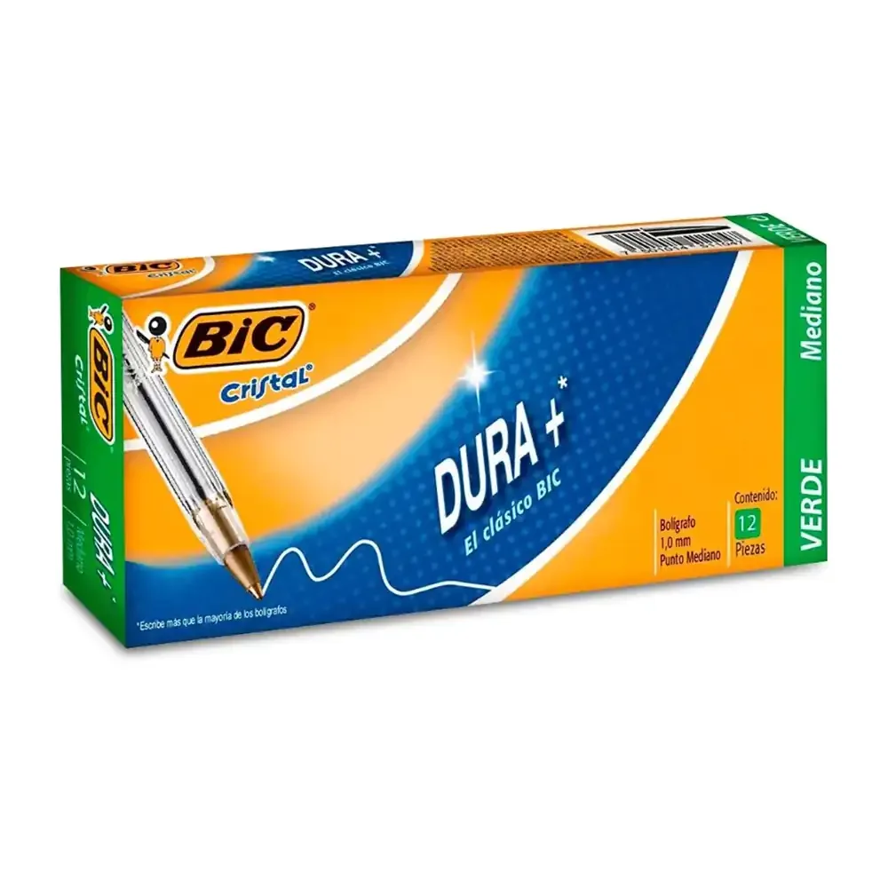 Paquete con 12 plumas bolígrafos bic cristal de color verde con punta 1.0mm