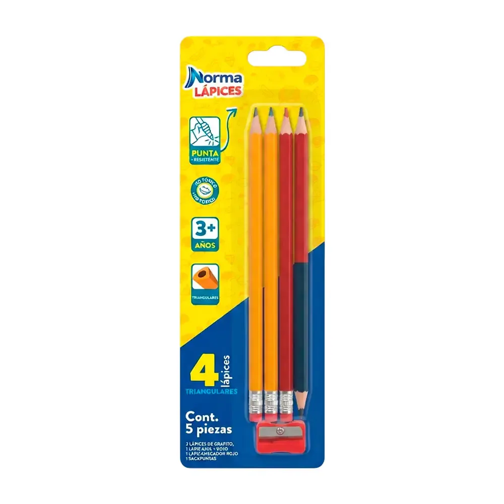 Blíster norma con 5pza, 2 lápices de grafito, 1 lápiz rojo + lápiz bicolor y sacapuntas