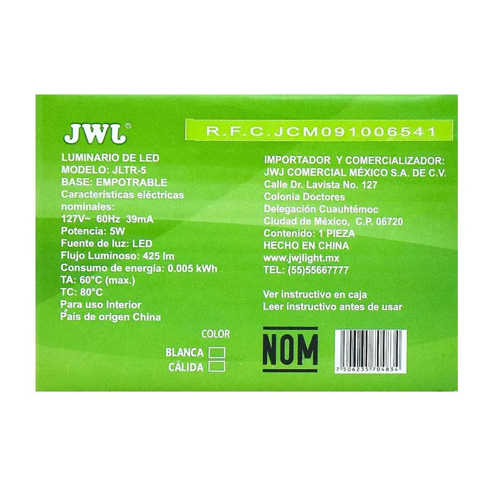 Plafón led empotrable 5w para bote integral luz neutra jltr-5n jwj