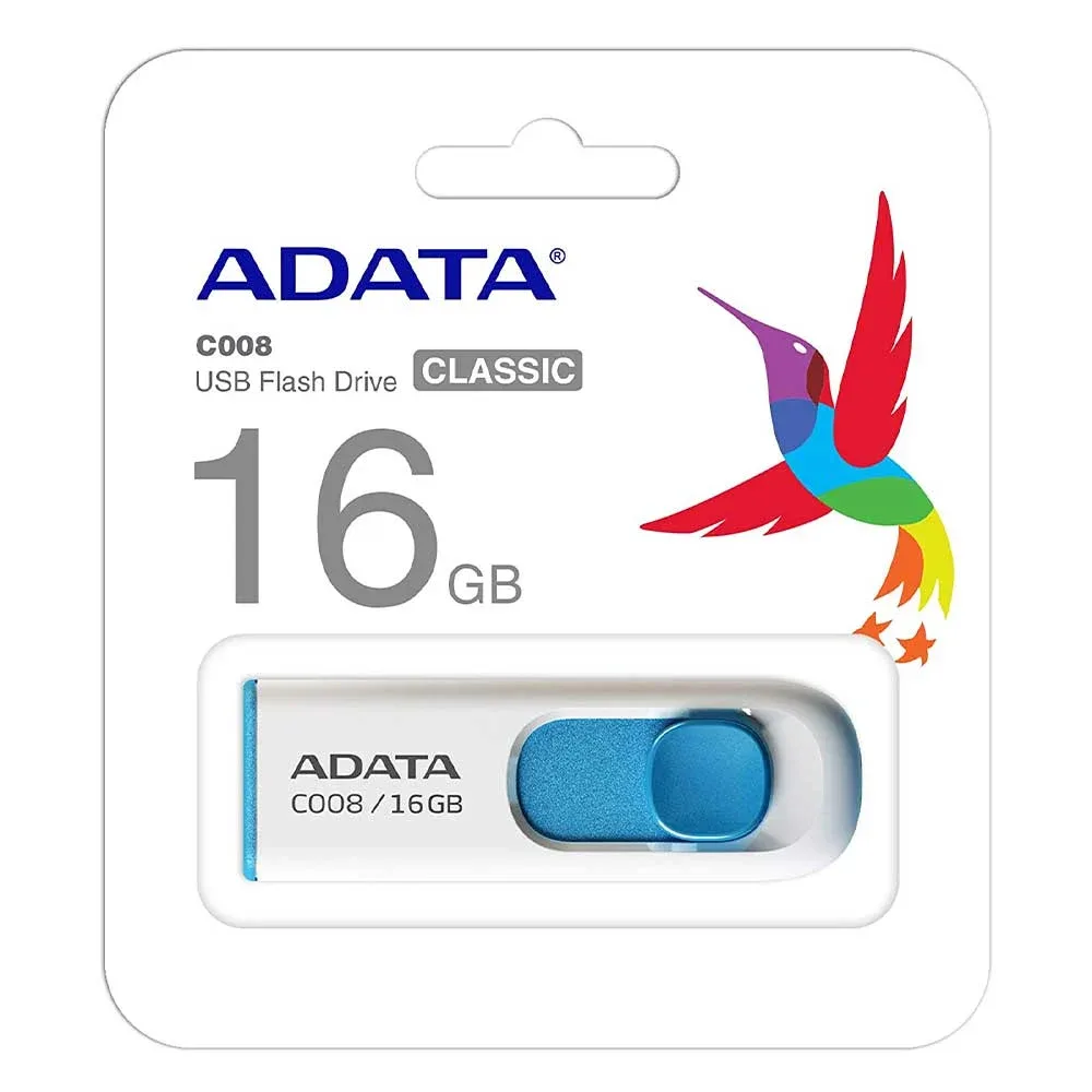 Memoria bicolor usb 2.0 flash drive adata c008 color blanco azul con capacidad de 16gb