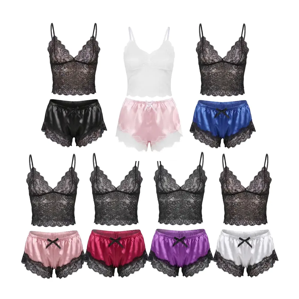 Set con 2 piezas de short pijama tipo lencería de seda y babydoll con encaje, variedad