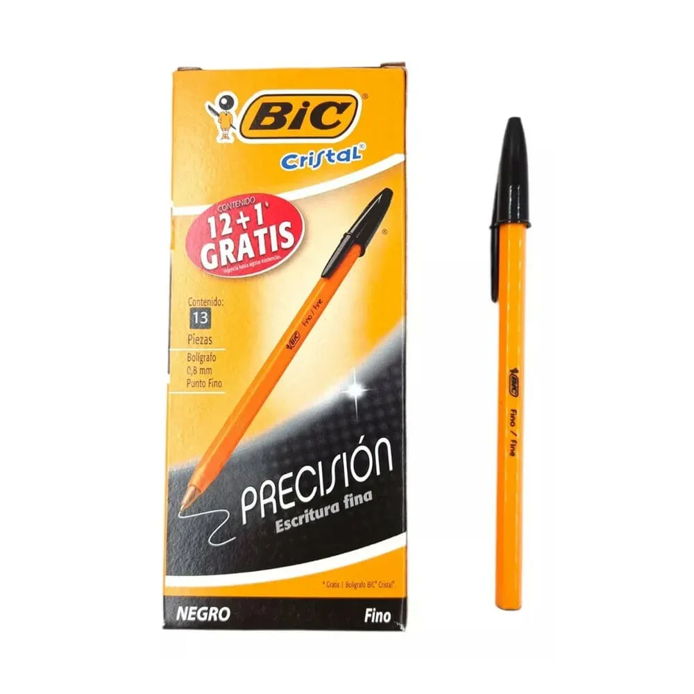 Caja de 12 plumas bolígrafos bic cristal con punta fina 0.8mm tinta color negro / 201116
