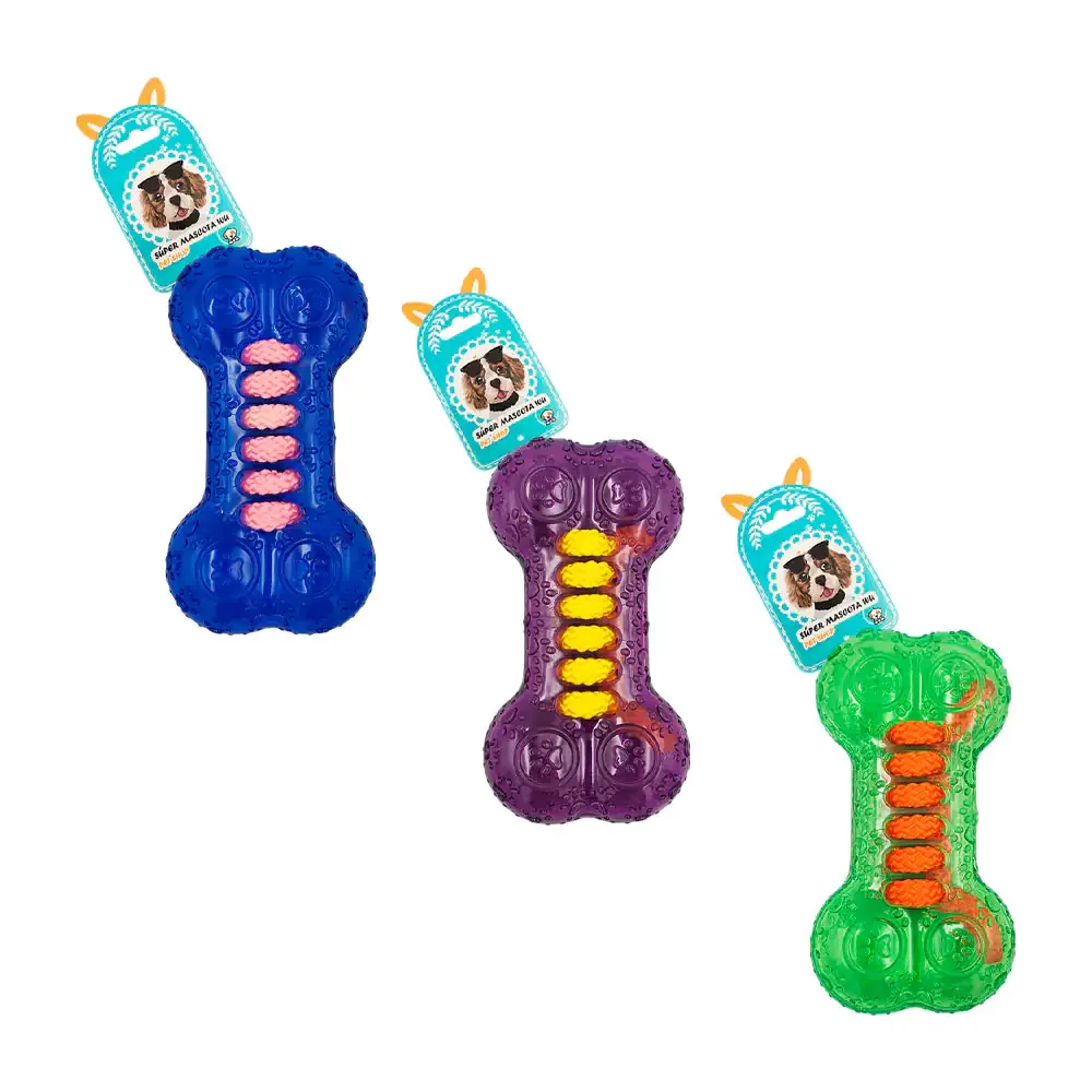 Juguete mordedera con forma de hueso con cuerda + textura de huellas, variedad de colores