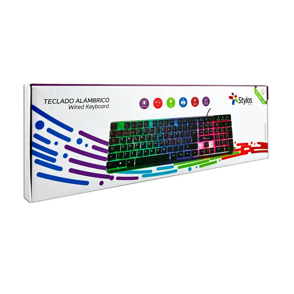 Teclado ergonómico alámbrico de 105 teclas con luces led rgb / stylos tech