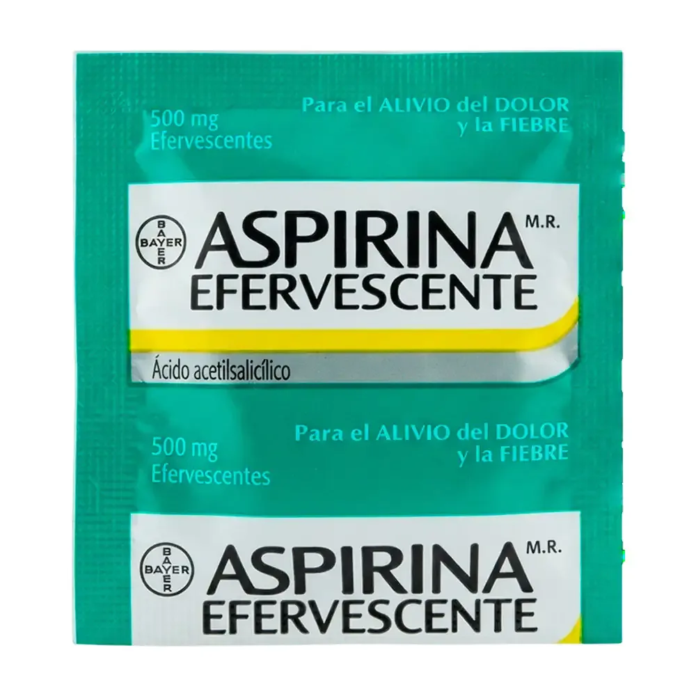 1pza Sobre aspirina efervescente con 1 tableta de 500mg para el alivio del dolor y la fiebre