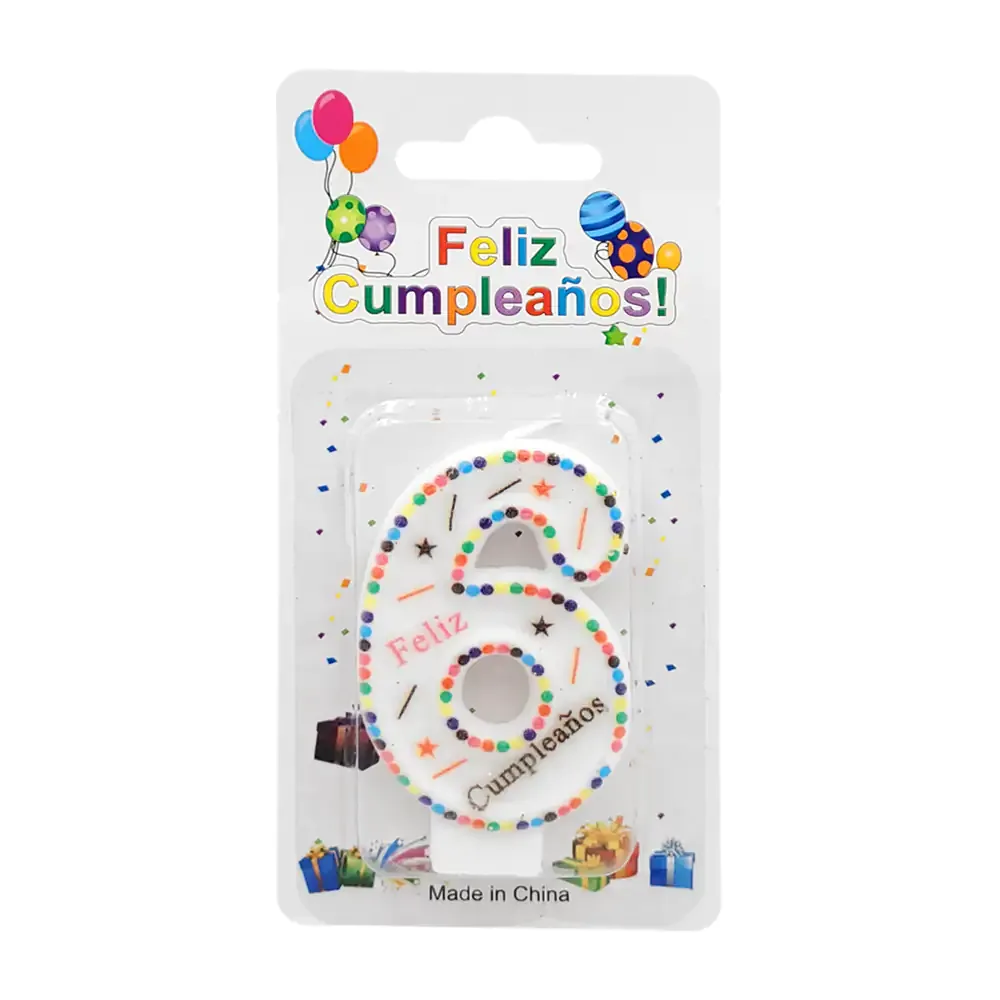 Vela de cumpleaños numérica con diseño de puntos de colores y frase al centro / f4225