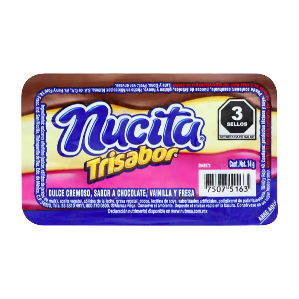 1pza Dulce cremoso nucita trisabor sabor fresa, vainilla y chocolate, 14g