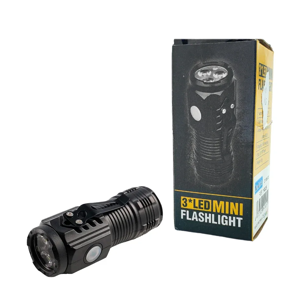 1pza Mini linterna de mano recargable, con 3 focos leds y 3 modos de iluminación intercambiables, variedad de funciones / 3 led mini flashlight