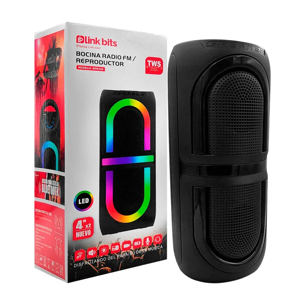 Bocina bluetooth cilíndrica, 4´, luces rgb en óvalo, fm, usb-mic y asa / sb425t