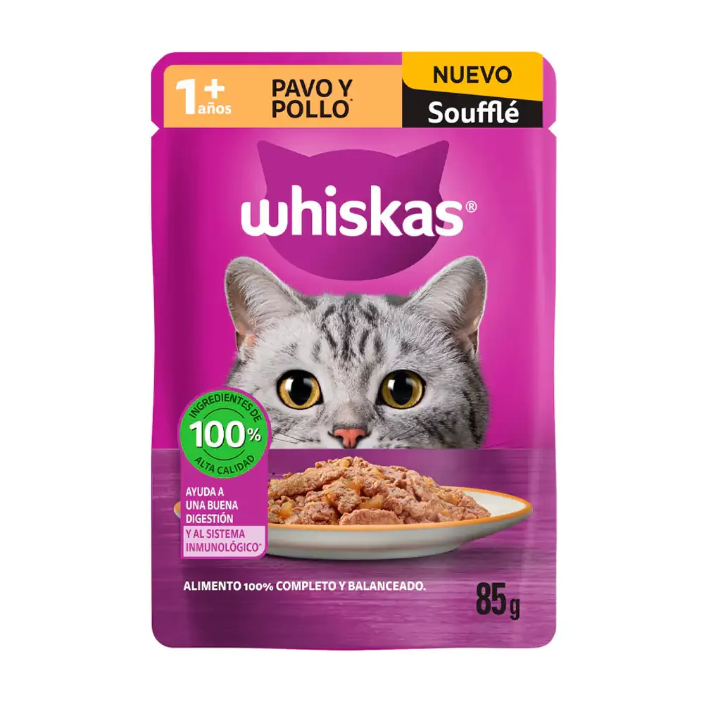 1pza alimento húmedo whiskas soufflé sabor pavo y pollo para gatos adultos, 85g / 5913