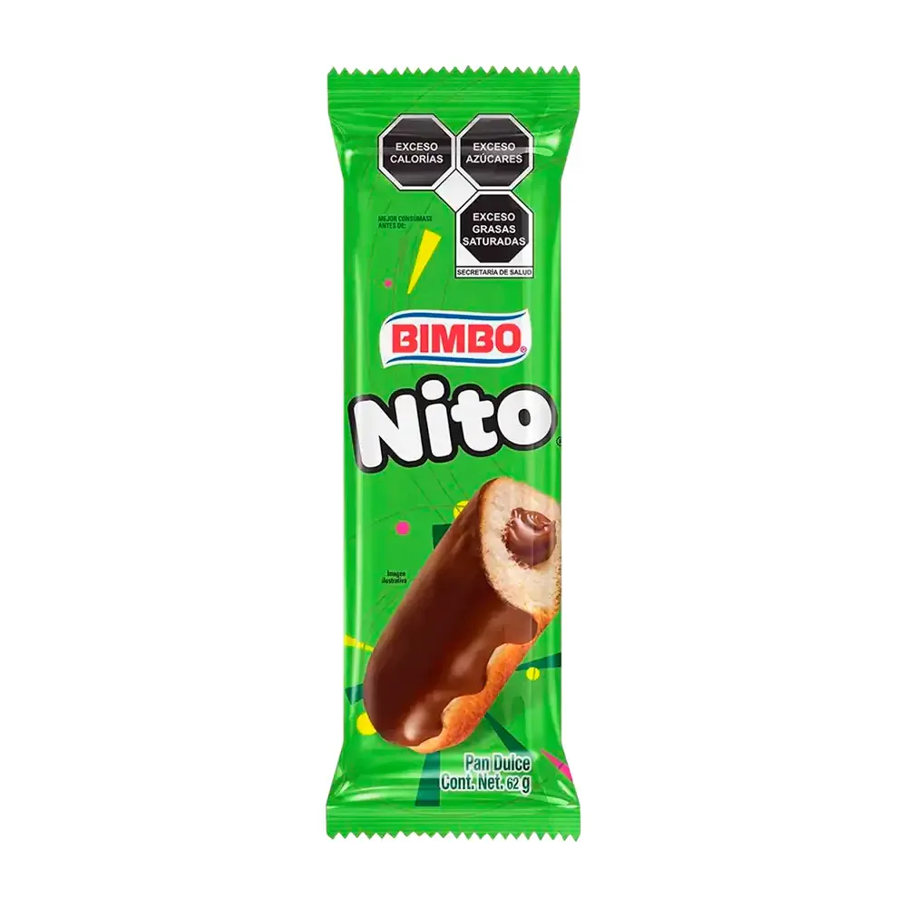 1pza nito bimbo, pan de vainilla relleno de chocolate y cubierto de chocolate, 62g / 112784
