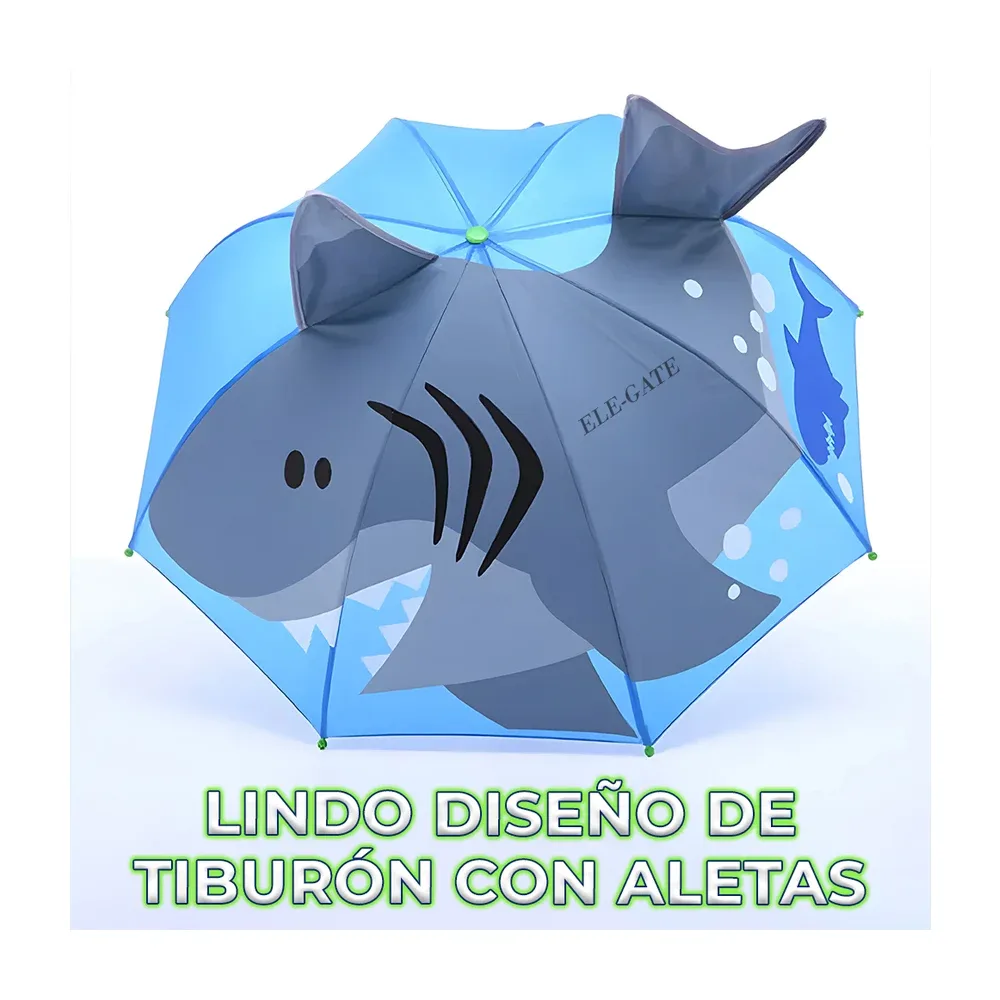 Paraguas infantil de bastón en forma de tiburón con aletas desplegables