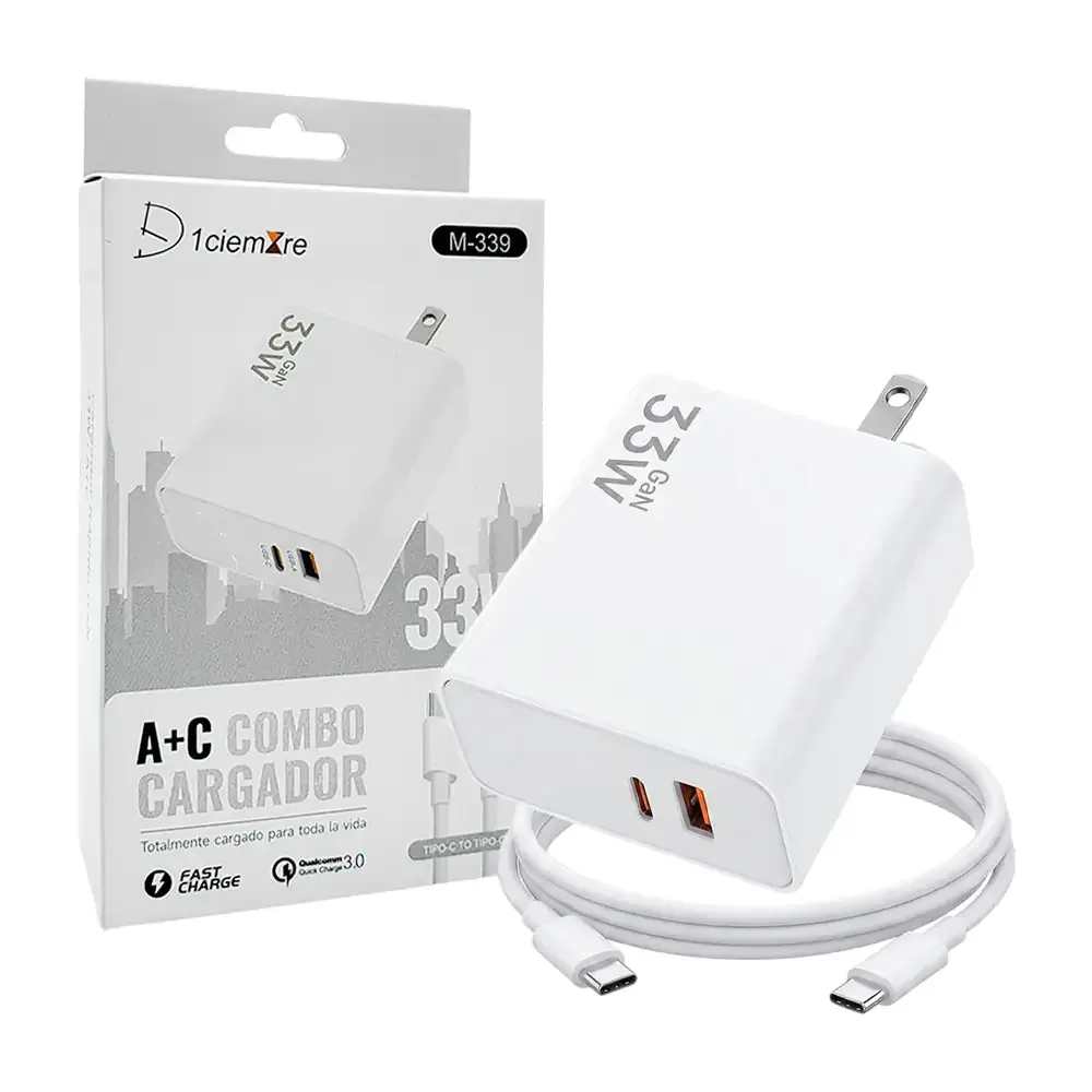 Combo cargador d1ciemzre de 33w con puerto usb y tipo c + cable tipo c a tipo c