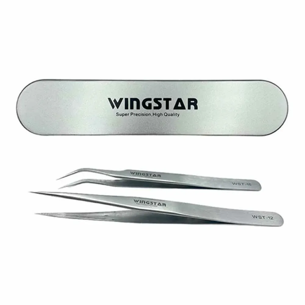Estuche metálico wingstar con 2 pinzas para extensión de pestañas pe-46 / super precision, high quality