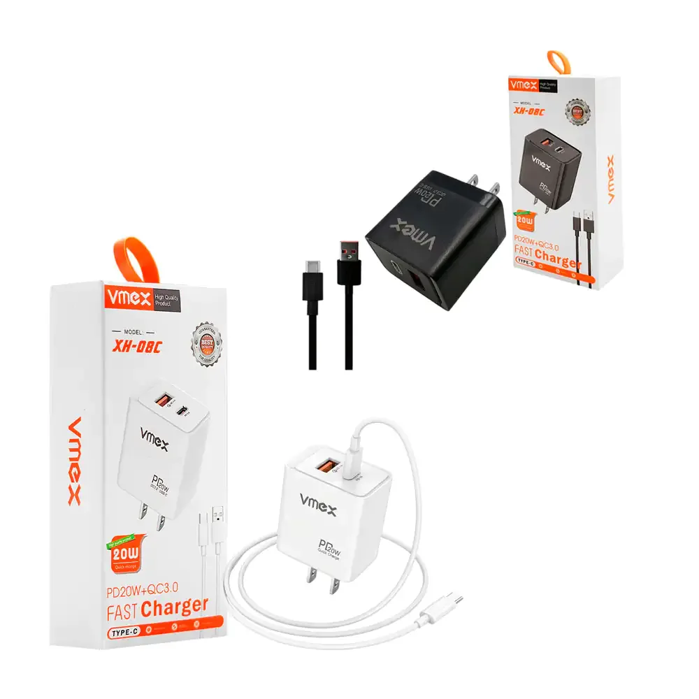 Combo cargador, carga rápida 20w, cubo salida usb-a y usb-c, cable usb-a a c
